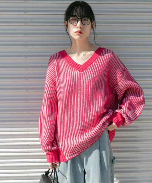 ＊＊KBF / ケービーエフ ニット・セーター | バイカラーRIBオーバーニット（PINK×GRY）