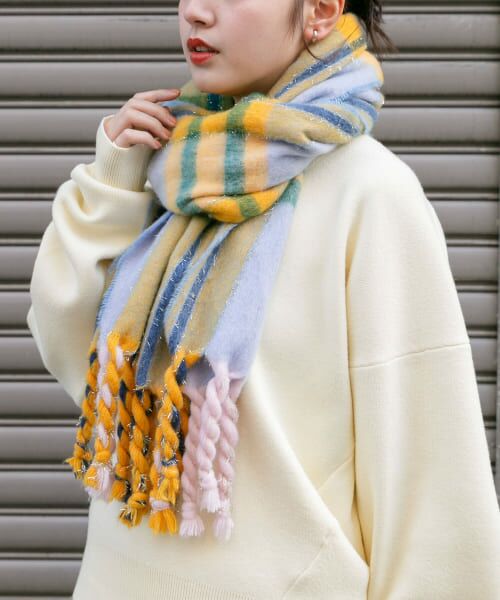 ＊＊KBF / ケービーエフ マフラー・ショール・スヌード・ストール | ラメチェックマフラー（YELLOW）