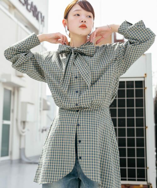 ＊＊KBF / ケービーエフ シャツ・ブラウス | ウエストマークチェックシャツ（BLUEGREEN）