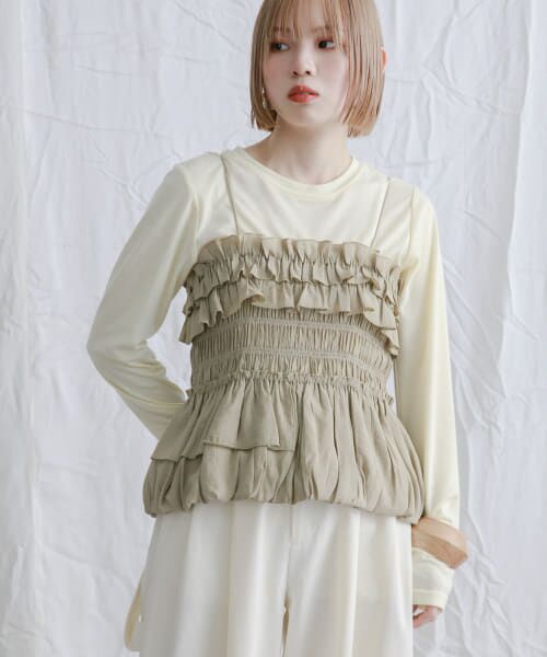 ＊＊KBF / ケービーエフ Tシャツ | シャーリングビスチェSETトップス（YEL×BEIGE）