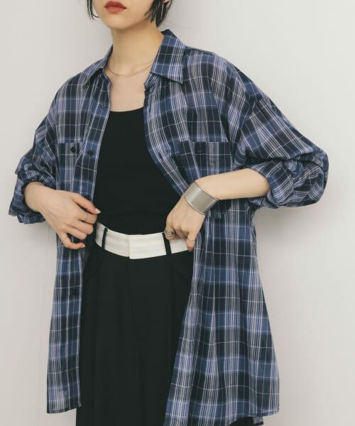 ＊＊KBF / ケービーエフ シャツ・ブラウス | シアーチェックBIGシャツ（BLUE×NAVY）