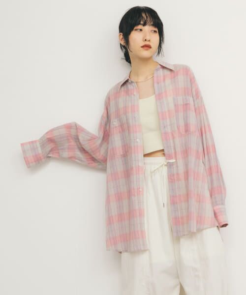 ＊＊KBF / ケービーエフ シャツ・ブラウス | シアーチェックBIGシャツ（PINK×GRAY）