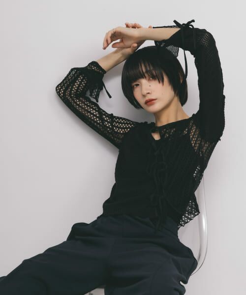 ＊＊KBF / ケービーエフ カーディガン・ボレロ | パッチワークメッシュカーディガン（BLACK）