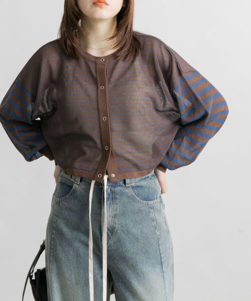 ＊＊KBF / ケービーエフ カーディガン・ボレロ | シアーボーダーカーディガン（BROWN）