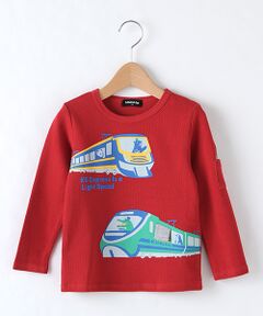 袖ポケットつき電車プリントコットンTシャツ