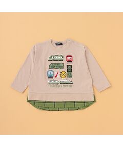 電車アップリケ裾レイヤード風長袖Tシャツ