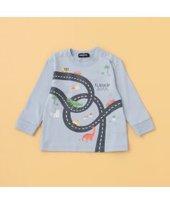 車×道路×恐竜長袖Tシャツ