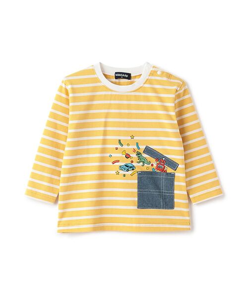 kladskap/クレードスコープ ポケットからロボットボーダー長袖Tシャツ カラシ 110 kladskap/クレードスコープ ポケットからロボットボーダー長袖Tシャツ カラシ 110
