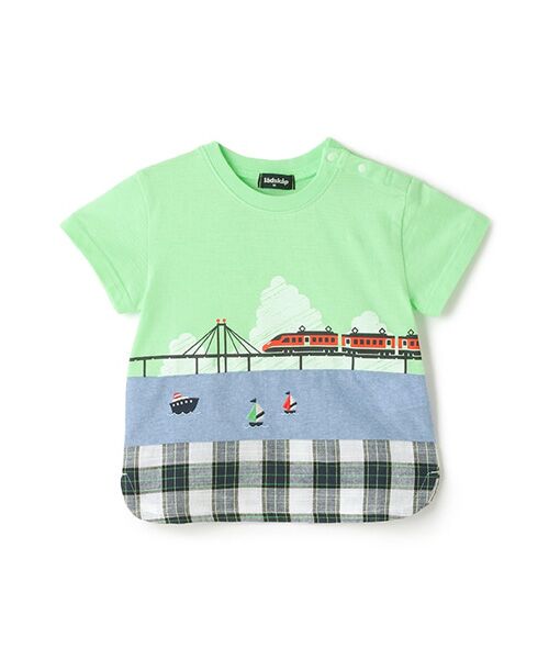 kladskap / クレードスコープ Tシャツ | 海と電車切替半袖Tシャツ(イエロ-グリ-ン)