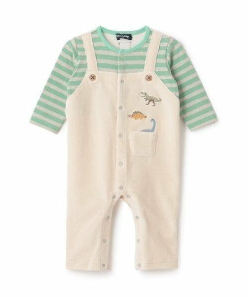 kladskap / クレードスコープ ロンパース | 恐竜ボーダーレイヤード風長袖カバーオール（薄ベージュ）