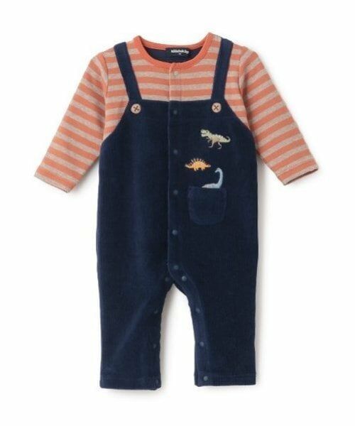kladskap / クレードスコープ ロンパース | 恐竜ボーダーレイヤード風長袖カバーオール（紺）