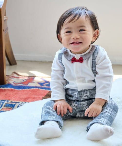 kladskap / クレードスコープ ロンパース | チェックサスペンダー風カバーオール（グレー）