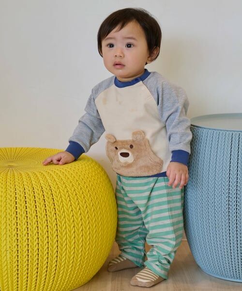 kladskap / クレードスコープ ベビー・キッズウエア | クマ長袖Tシャツ×ボーダーパンツセット(アイボリー)