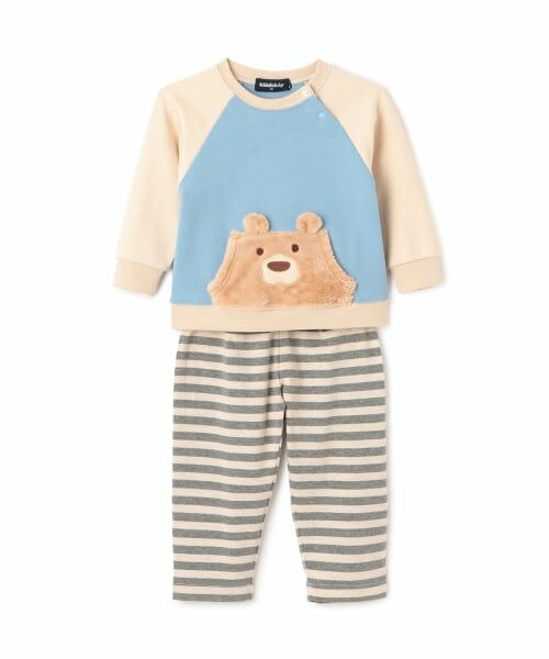 kladskap / クレードスコープ ベビー・キッズウエア | クマ長袖Tシャツ×ボーダーパンツセット(サックス)