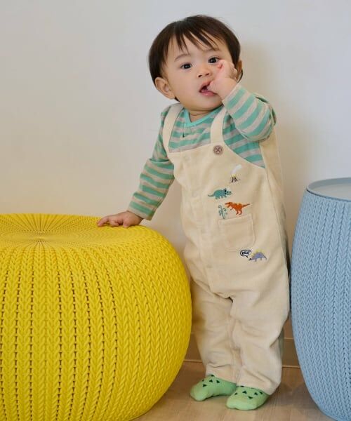 kladskap / クレードスコープ ロンパース | 恐竜ボーダーレイヤード風カバーオール（アイボリー）
