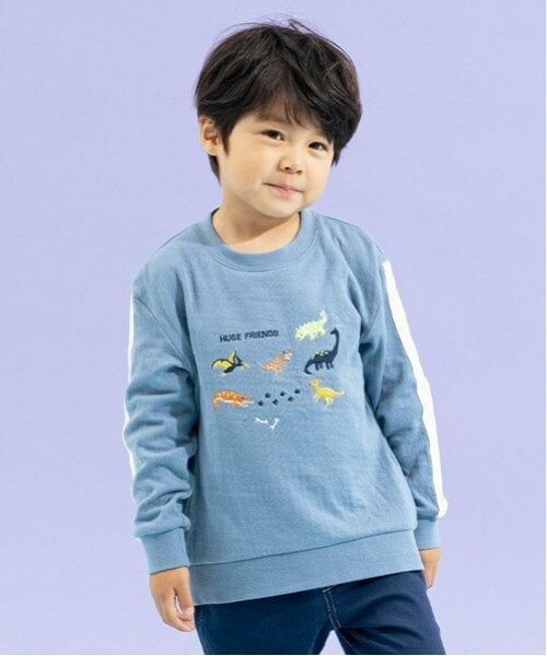 kladskap / クレードスコープ Tシャツ | 恐竜刺しゅう袖ライン接結長袖Tシャツ（モデレート ブルー）