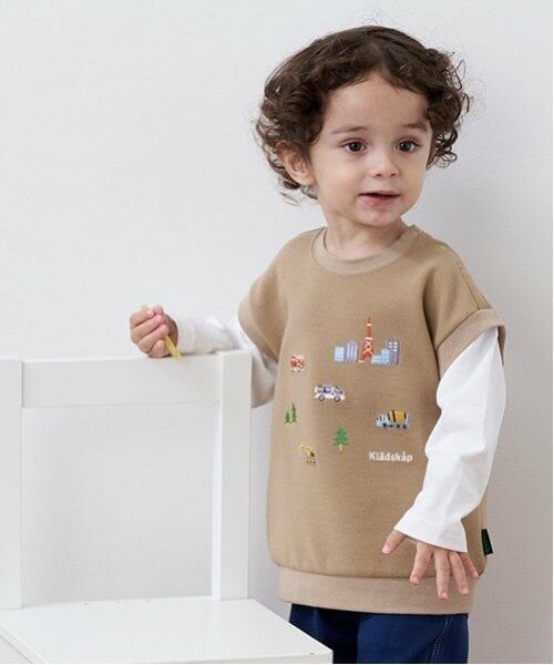 kladskap / クレードスコープ Tシャツ | 働く車ベストレイヤード風プルオーバー（ベージュ）