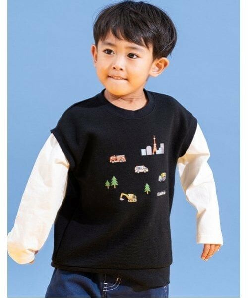 kladskap / クレードスコープ Tシャツ | 働く車ベストレイヤード風プルオーバー（黒）