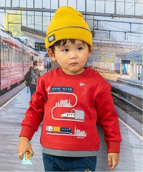 kladskap / クレードスコープ スウェット | 電車アップリケ裾ボーダートレーナー（赤）