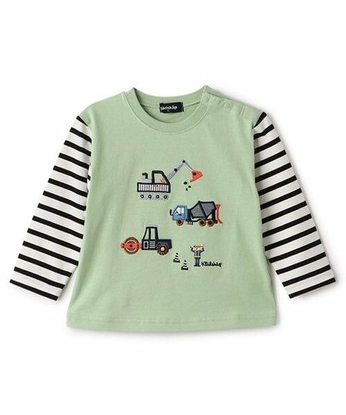 kladskap / クレードスコープ Tシャツ | 働く車アップリケ袖ボーダー長袖Tシャツ（ライト グリーン）