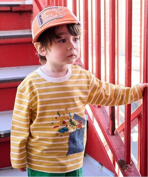 kladskap / クレードスコープ Tシャツ | ポケットからロボットボーダー長袖Tシャツ（カラシ）