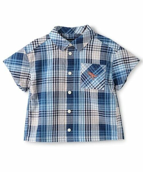 kladskap / クレードスコープ シャツ・ブラウス | 恐竜オーバーサイズチェック半袖シャツ（ブルー）