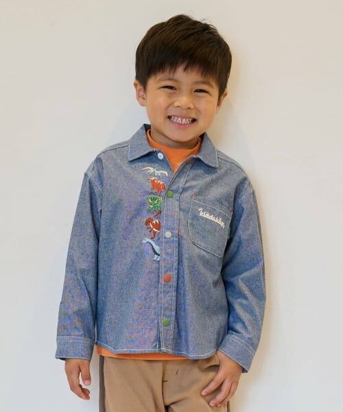 kladskap / クレードスコープ シャツ・ブラウス | 恐竜ヒョッコリ刺しゅう長袖シャツ（ブルー）