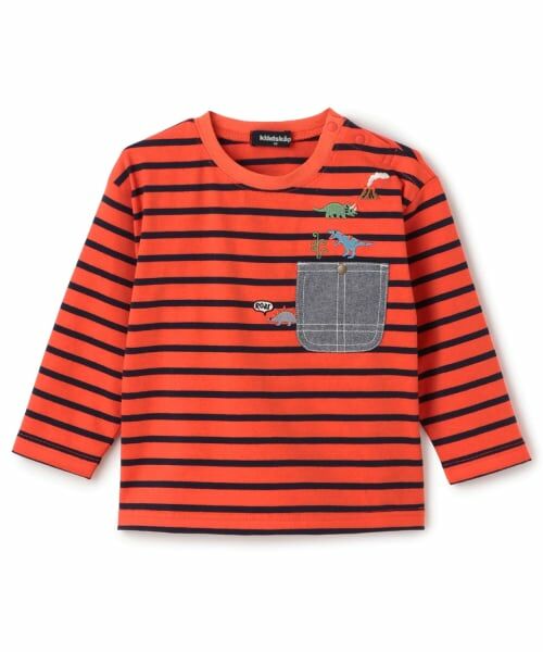 kladskap / クレードスコープ Tシャツ | 恐竜胸ポケットボーダー長袖Tシャツ（赤）