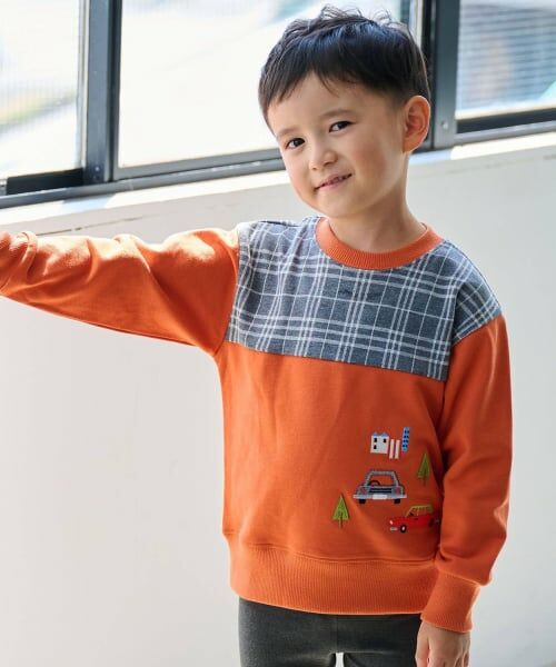 kladskap / クレードスコープ スウェット | 車刺しゅうチェック切替トレーナー（オレンジ）