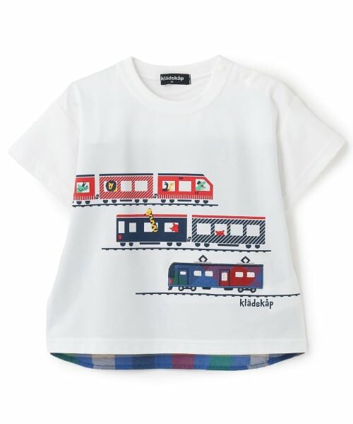 kladskap / クレードスコープ Tシャツ | 後ろ切替チェック電車アップリケ半袖Tシャツ（白）