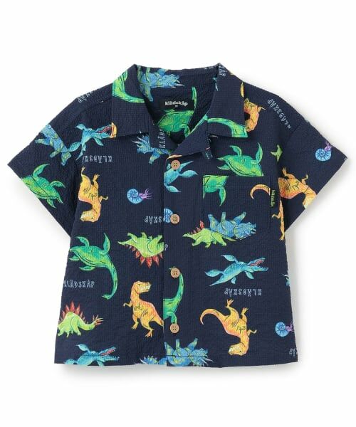 kladskap / クレードスコープ シャツ・ブラウス | 恐竜総柄半袖開衿シャツ（紺）