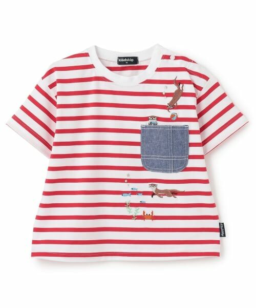kladskap / クレードスコープ Tシャツ | カワウソ刺しゅうボーダー半袖Tシャツ（赤）