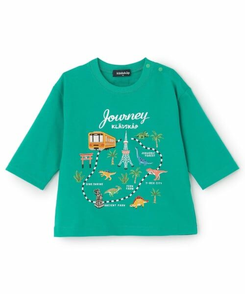 kladskap / クレードスコープ Tシャツ | 電車と恐竜マップ7分袖Tシャツ(グリーン)