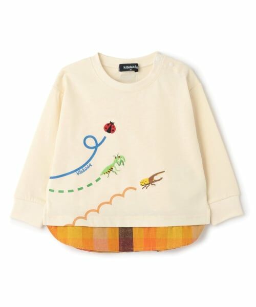 kladskap / クレードスコープ Tシャツ | 昆虫刺しゅう裾チェック長袖Tシャツ（アイボリー）