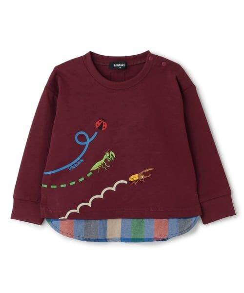 kladskap / クレードスコープ Tシャツ | 昆虫刺しゅう裾チェック長袖Tシャツ（エンジ）