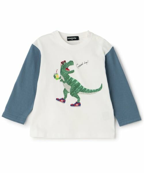 kladskap / クレードスコープ Tシャツ | ☆彡Good dayザウルス袖配色長袖Tシャツ(オフ ホワイト)