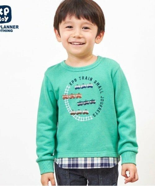 KP / ケーピー スウェット | KPBOY 電車刺しゅうの裾切り替え裏毛トレーナー(80～150)（グリーン）