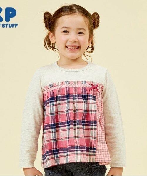 KP / ケーピー Tシャツ | KP チェック切り替えリボン付き長袖Tシャツ(80～150)（ピンク）