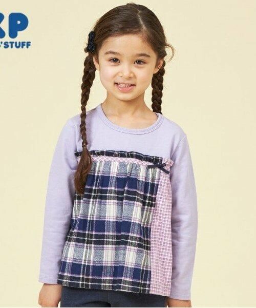 KP / ケーピー Tシャツ | KP チェック切り替えリボン付き長袖Tシャツ(80～150)（紺）