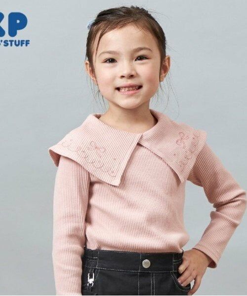 KP / ケーピー Tシャツ | KP ラメ刺しゅうビッグカラー長袖Tシャツ(90～160)（ピンク）