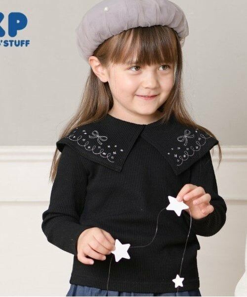 KP / ケーピー Tシャツ | KP ラメ刺しゅうビッグカラー長袖Tシャツ(90～160)（黒）