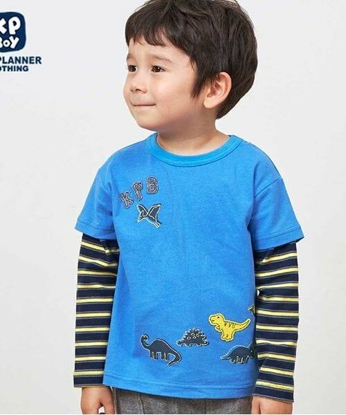 KP / ケーピー Tシャツ | KPBOY ボーダーと無地天竺のレイヤード風長袖Ｔシャツ(80～120)（ブルー）