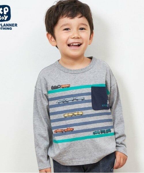 KP / ケーピー Tシャツ | KPBOY 日本製/電車モチーフの長袖Ｔシャツ(80～130)（シロ杢）