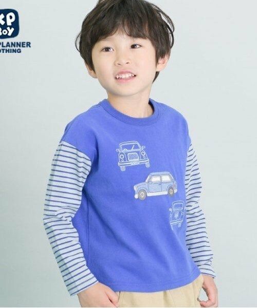 KP / ケーピー Tシャツ | KPBOY 車モチーフの袖ボーダー長袖Ｔシャツ(80～140)（ブルー）