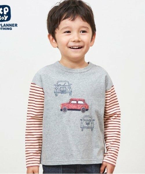 KP / ケーピー Tシャツ | KPBOY 車モチーフの袖ボーダー長袖Ｔシャツ(80～140)（シロ杢）