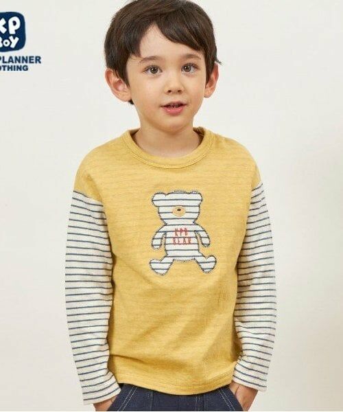 KP / ケーピー Tシャツ | KPBOY クマモチーフの接結ボーダー天竺長袖Ｔシャツ(80～110)（黄）