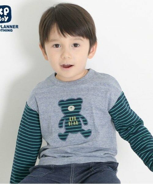 KP / ケーピー Tシャツ | KPBOY クマモチーフの接結ボーダー天竺長袖Ｔシャツ(80～110)（ブルー）