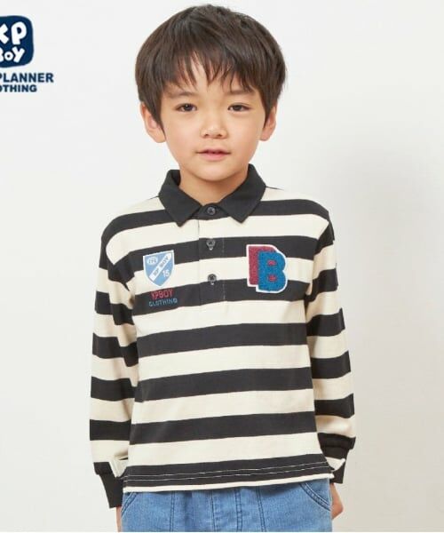 KP / ケーピー ポロシャツ | KPBOY ワッペン付き太ボーダー長袖ラガーシャツ(90～140)（黒）