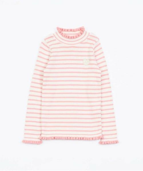 KP / ケーピー ニット・セーター | KP リブ編みボーダーハイネックセーター(100～150)（サーモン ピンク）