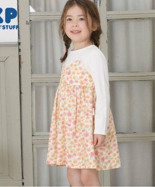 KP / ケーピー ミニ丈・ひざ丈ワンピース | KP コスモス柄レイヤード風長袖ワンピース(80～150)（オレンジ）